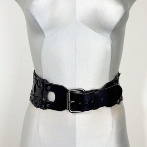 Genuine Leather Woven Braided Wide Belt Size Small Black silver hardware
